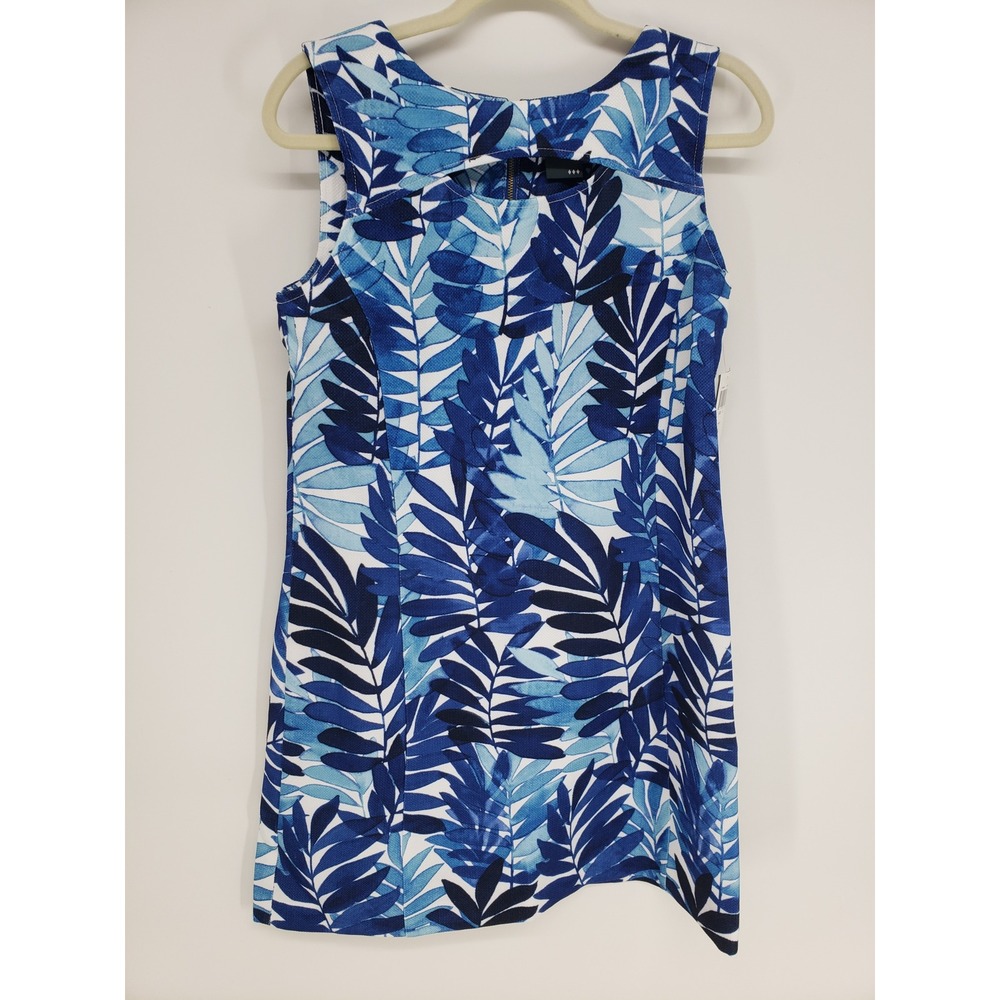 Gabby Skye Tropical Leaf Shift Dress Womens 10 Blue Sleeveless Cutout Sundress - Picture 2 of 10